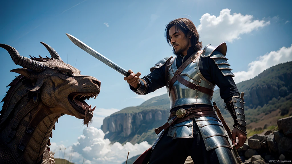 swordsman warrior facing a dragon