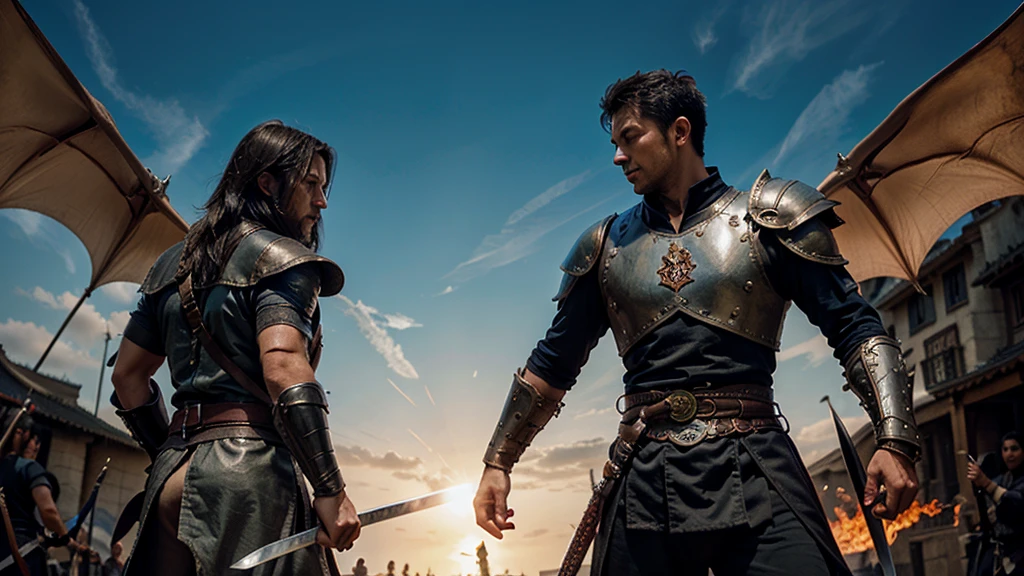swordsman warrior facing a dragon