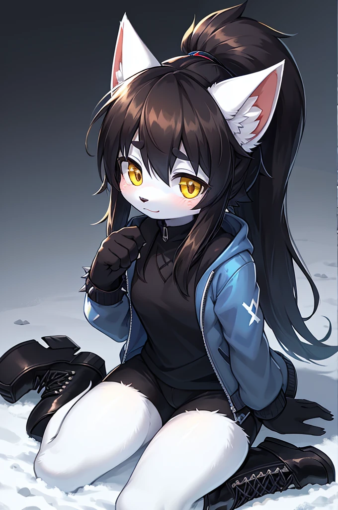 Solo female,Furry,Tuxedo cat,Yellow eyes,black long hair,A spiky ponytail,A light blue winter jacket,Black originals with a white "X" on it,A light brown shirt,Black boots white socks