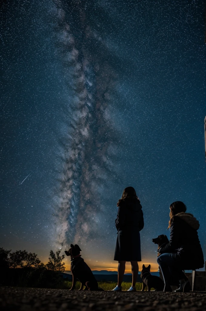 Woman with 2 dogs watching stars 