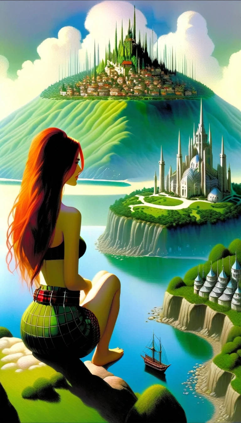 This image represents a beautiful scene from the fantasy world. It is during the day or early afternoon and the atmosphere is calm and great. In the foreground a female character appears sitting with her back to the viewer. She has long red braided hair and wears a plaid miniskirt with stockings and a tank top, very sexy, rope belt. In the background, we see a magnificent city built on a steep mountain or island. The city's architecture is reminiscent of the Middle Ages and the Renaissance, characterized by tall spiers and dense buildings and futuristic elements. High above the city, there are buildings that look like castles and palaces that rise above the rest. Below the city, there are lush green fields and scattered small buildings, which may be farms or towns. The landscape is lush and green with trees surrounding the settlements. Several ships are anchored at the foot of the mountains and islands, suggesting that the city is an important port city. The sky is light blue with very few clouds, indicating that it is daytime or early afternoon. The overall atmosphere is calm and grand, suggesting stories of adventure, exploration, or political intrigue in this fantasy world (art inspired by Bill Sienkiewicz). oil painting)