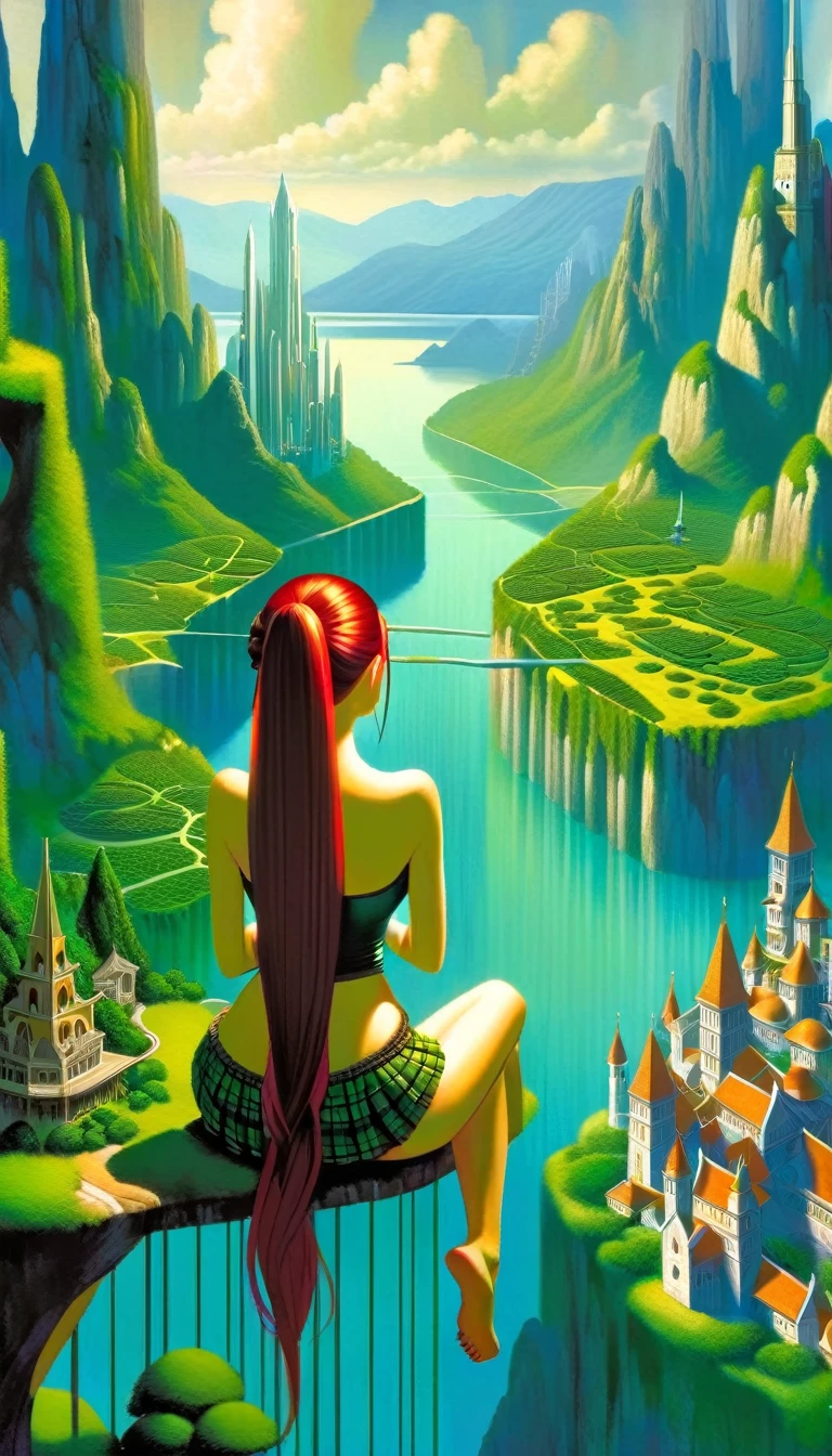 This image represents a beautiful scene from the fantasy world. It is during the day or early afternoon and the atmosphere is calm and great. In the foreground a female character appears sitting with her back to the viewer. She has long red braided hair and wears a plaid miniskirt with stockings and a tank top, very sexy, rope belt. In the background, we see a magnificent city built on a steep mountain or island. The city's architecture is reminiscent of the Middle Ages and the Renaissance, characterized by tall spiers and dense buildings and futuristic elements. High above the city, there are buildings that look like castles and palaces that rise above the rest. Below the city, there are lush green fields and scattered small buildings, which may be farms or towns. The landscape is lush and green with trees surrounding the settlements. Several ships are anchored at the foot of the mountains and islands, suggesting that the city is an important port city. The sky is light blue with very few clouds, indicating that it is daytime or early afternoon. The overall atmosphere is calm and grand, suggesting stories of adventure, exploration, or political intrigue in this fantasy world (art inspired by Bill Sienkiewicz). oil painting)