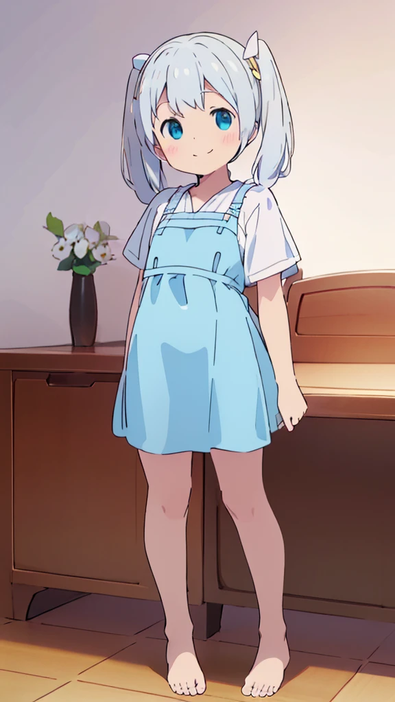 ((masterpiece))((Highest quality))girl、smile、blush、Flat Chest、Are thin、Blonde Hair、blush、Are standing、Whole body image、Eye level to the feet、front、No background、真frontのアングル、Blue clothes、White Hair、Twin tails