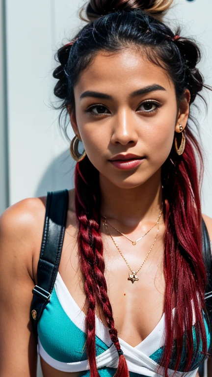 Create an close up image of the face of a young hawaiian woman in her mid-20s, with a skater girl vibe. She has a sexy, confident look, with hair featuring red rastas. As an influencer, she has an effortlessly cool style, exuding casual yet captivating appeal. The setting should reflect her vibrant and adventurous lifestyle