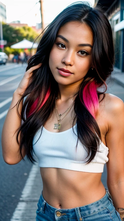 Create an close up image of the face of a young hawaiian woman in her mid-20s, with a skater girl vibe. She has a sexy, confident look, with hair featuring red rastas. As an influencer, she has an effortlessly cool style, exuding casual yet captivating appeal. The setting should reflect her vibrant and adventurous lifestyle