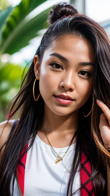 Create an close up image of the face of a young hawaiian woman in her mid-20s, with a skater girl vibe. She has a sexy, confident look, with hair featuring red rastas. As an influencer, she has an effortlessly cool style, exuding casual yet captivating appeal. The setting should reflect her vibrant and adventurous lifestyle