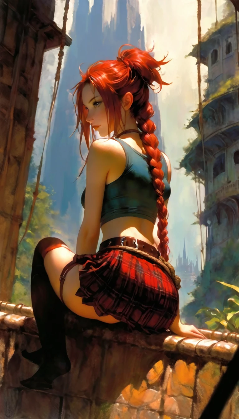 This image represents a beautiful scene from the fantasy world. It is during the day or early afternoon and the atmosphere is calm and great. In the foreground a female character appears sitting with her back to the viewer. She has long red braided hair and wears a plaid miniskirt with stockings and a tank top, very y, rope belt. In the background, we see a magnificent city built on a steep mountain or island. The city's architecture is reminiscent of the Middle Ages and the Renaissance, characterized by tall spiers and dense buildings and futuristic elements. High above the city, there are buildings that look like castles and palaces that rise above the rest. Below the city, there are lush green fields and scaed small buildings, which may be farms or towns. The landscape is lush and green with trees surrounding the settlements. Several ships are anchored at the foot of the mountains and islands, suggesting that the city is an important port city. The sky is light blue with very few clouds, indicating that it is daytime or early afternoon. The overall atmosphere is calm and grand, suggesting stories of adventure, exploration, or political intrigue in this fantasy world (art inspired by Bill Sienkiewicz). oil painting)