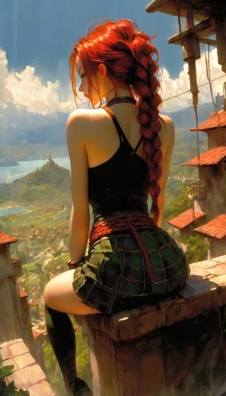 This image represents a beautiful scene from the fantasy world. It is during the day or early afternoon and the atmosphere is calm and great. In the foreground a female character appears sitting with her back to the viewer. She has long red braided hair and wears a plaid miniskirt with stockings and a tank top, very sexy, rope belt. In the background, we see a magnificent city built on a steep mountain or island. The city's architecture is reminiscent of the Middle Ages and the Renaissance, characterized by tall spiers and dense buildings and futuristic elements. High above the city, there are buildings that look like castles and palaces that rise above the rest. Below the city, there are lush green fields and scattered small buildings, which may be farms or towns. The landscape is lush and green with trees surrounding the settlements. Several ships are anchored at the foot of the mountains and islands, suggesting that the city is an important port city. The sky is light blue with very few clouds, indicating that it is daytime or early afternoon. The overall atmosphere is calm and grand, suggesting stories of adventure, exploration, or political intrigue in this fantasy world (art inspired by Bill Sienkiewicz). oil painting)