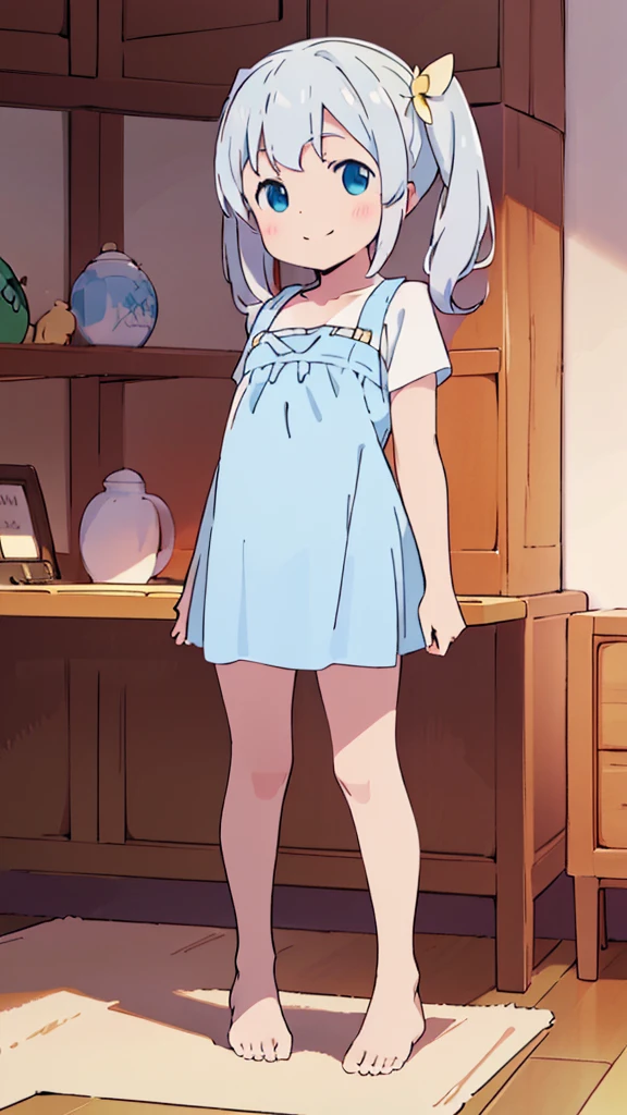((masterpiece))((Highest quality))girl、smile、blush、Flat Chest、Are thin、Blonde Hair、blush、Are standing、Whole body image、Eye level to the feet、front、No background、真frontのアングル、Blue clothes、White Hair、Twin tails
