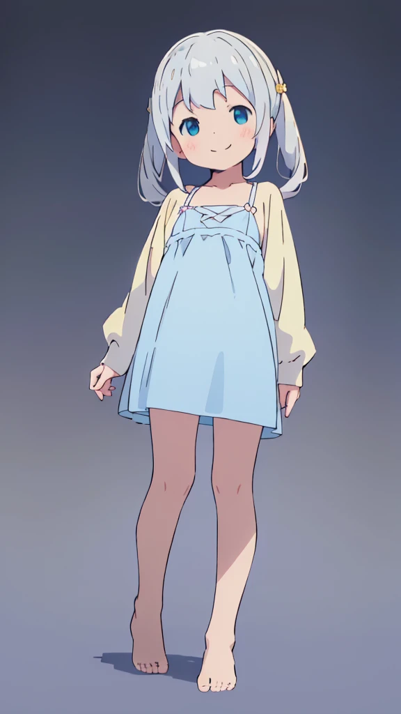 ((masterpiece))((Highest quality))girl、smile、blush、Flat Chest、Are thin、Blonde Hair、blush、Are standing、Whole body image、Eye level to the feet、front、No background、真frontのアングル、Blue clothes、White Hair、Twin tails