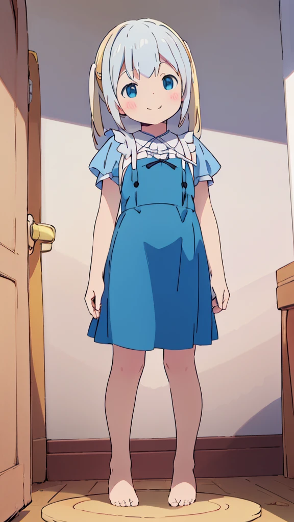 ((masterpiece))((Highest quality))girl、smile、blush、Flat Chest、Are thin、Blonde Hair、blush、Are standing、Whole body image、Eye level to the feet、front、No background、真frontのアングル、Blue clothes、White Hair、Twin tails