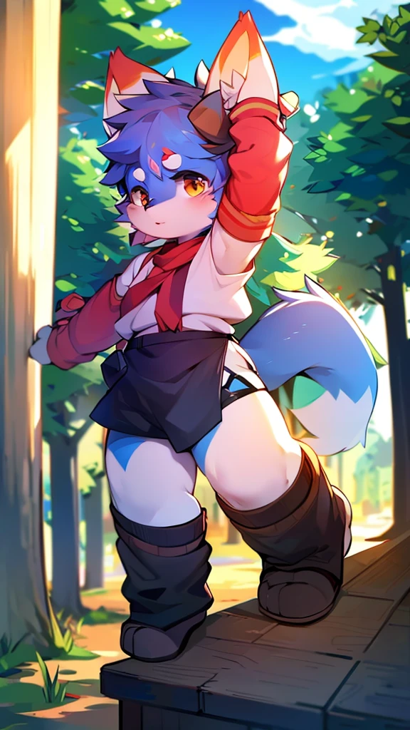 furry, fox, male, femboy, arm warmers, thigh highs, skirt,