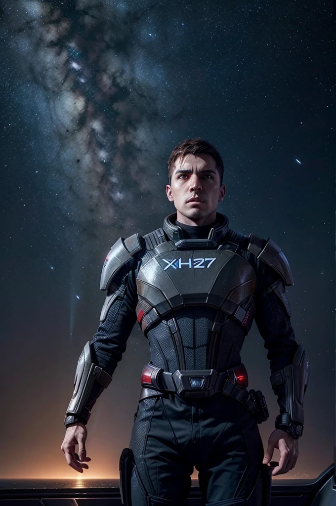photo of male Shepard from Mass Effect looking at the horizon of a ship, space is full of stars and color