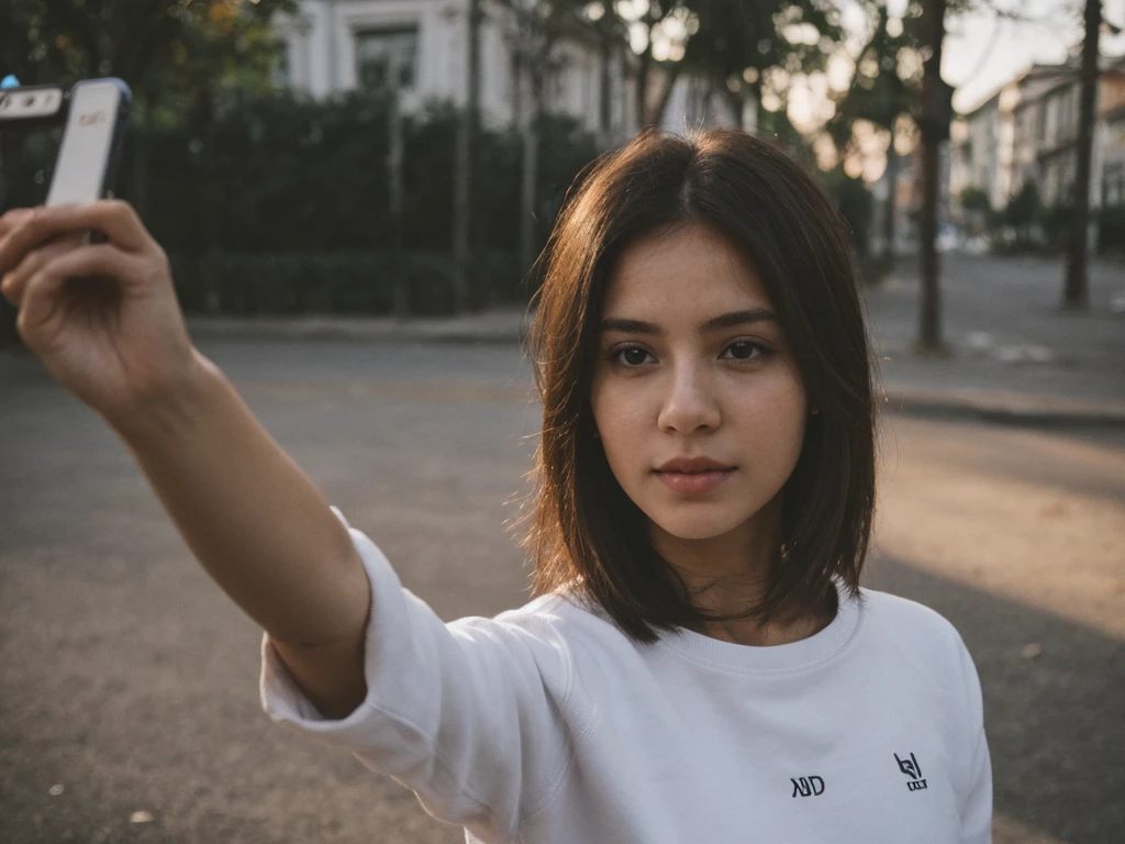 ((selfie)), young girl, Caucasian, europea, White skin, (Oval face), dark red hair, short hair, semi wavy, exterior, Bolivar City, Venezuela, ((black sweatshirt)), bluejean, silhouette, backlighting, natural light, sunset