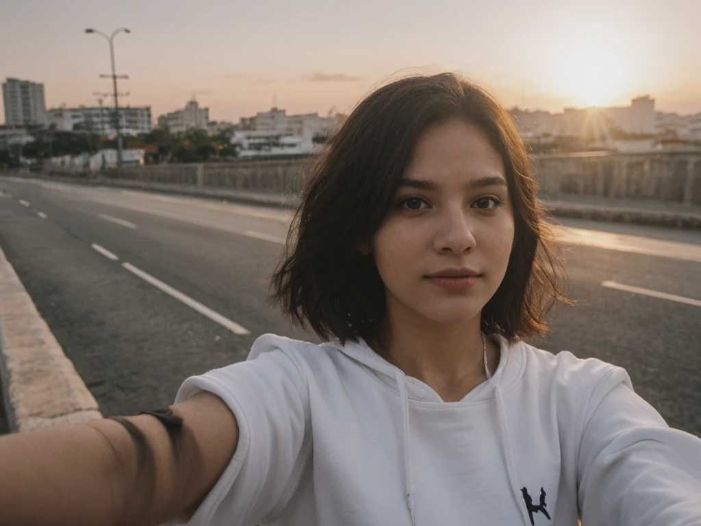 ((selfie)), young girl, Caucasian, europea, White skin, (Oval face), dark red hair, short hair, semi wavy, exterior, Bolivar City, Venezuela, ((black sweatshirt)), bluejean, silhouette, backlighting, natural light, sunset