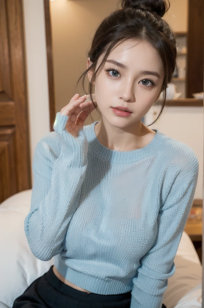 1girl, slim face, sharp blue eyes, brunette, hair in bun, thin:1.3,  body, wearing light knit sweater, high dark colored short skirt, hands on lap, looking at viewer, (eye level shot, cowboy shot),
BREAK
(best quality:1.3, masterpiece:1.3), (realistic, photo realistic:1.2), highres, UHD, 8k, (realistic skin, Detailed shiny skin), (normal expression, perfect anatomy),