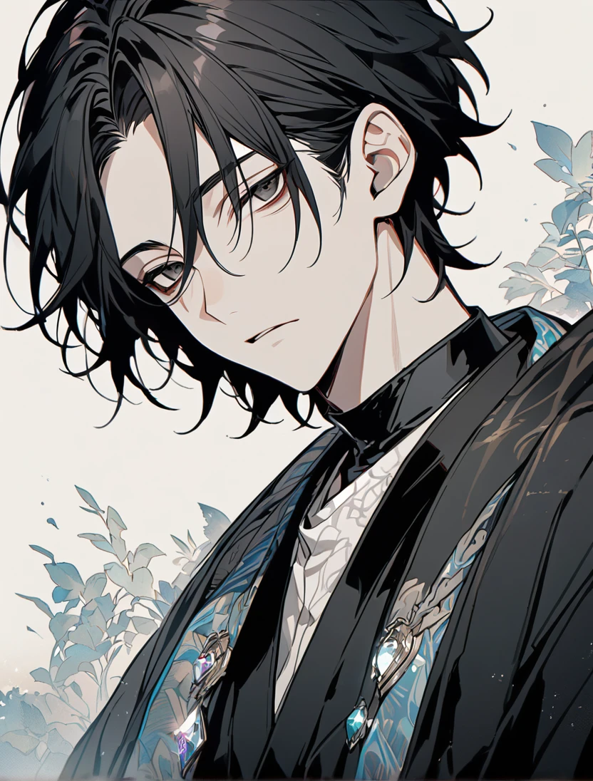 (black_hair), (short_hair), (deep_black_eyes), (Handsome), (Attractive), (male), (black_haori), (detailed_Hair), (detailed_mouth), (Teenager), (dark_under_eyes), (gem_like_eyes), (whole_upper_body_image),