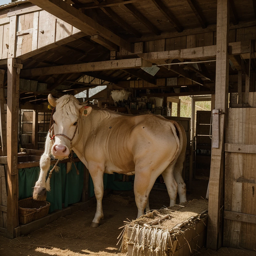 Create a young farmer, who is currently in the stable with his cows