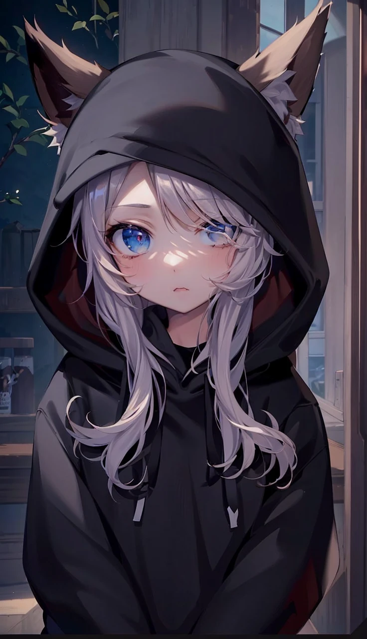 catgirl, 1gir, cat ears, ((cute)), masterpiece, best quality, perfect face, hoodie, hood, looking up, high angle, smal, furr, cozy, warm, window, night, long hoodie, no_pants, 4k, wallpaper, close up, digital art, anime style, beautiful eyes, intimate
