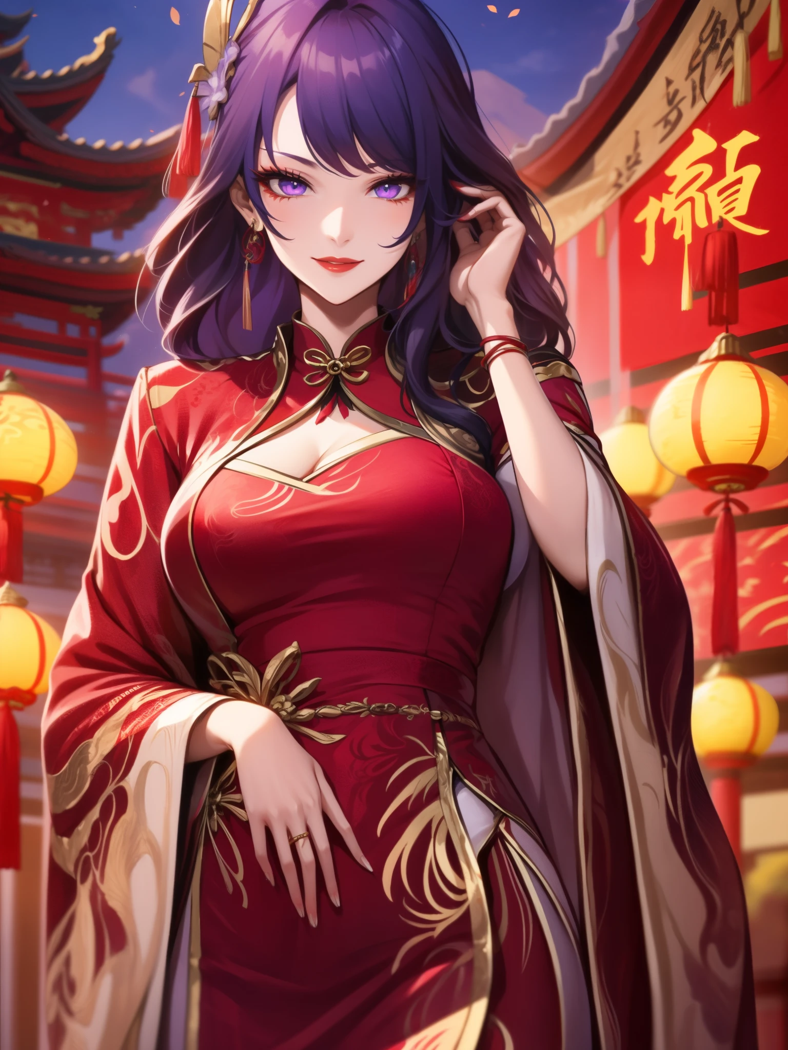 score_9, score_8_up, score_7_up, score_6_up, score_5_up, score_4_up, Raiden shogun, purple eyes, purple long hair, tied hair, hair in a bun, hairpin, traditional Chinese red wedding hanfu dress, Yourqipao Red Embroidery Chinese Xiuhe Hanfu Women's Satin Cheongsam Ancient Traditional Chinese Bride, Wedding Dress, Long Dresses, long earrings, red lipstick, red and gold dress, detailed eyes, traditional wear, sexy attractive, hot, traditional, smiling widely, happy, blushing, lotuses, sitting,