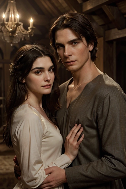 a young happy clean shaven tall christian bale holding a young serene rachel weisz, medieval setting, romantic, detailed faces, beautiful eyes, perfect skin, intricate clothing, dramatic lighting, cinematic composition, muted color palette, dreamlike atmosphere