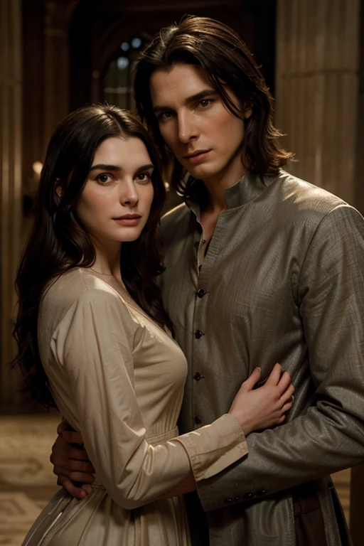 a young happy clean shaven tall christian bale holding a young serene rachel weisz, medieval setting, romantic, detailed faces, beautiful eyes, perfect skin, intricate clothing, dramatic lighting, cinematic composition, muted color palette, dreamlike atmosphere 