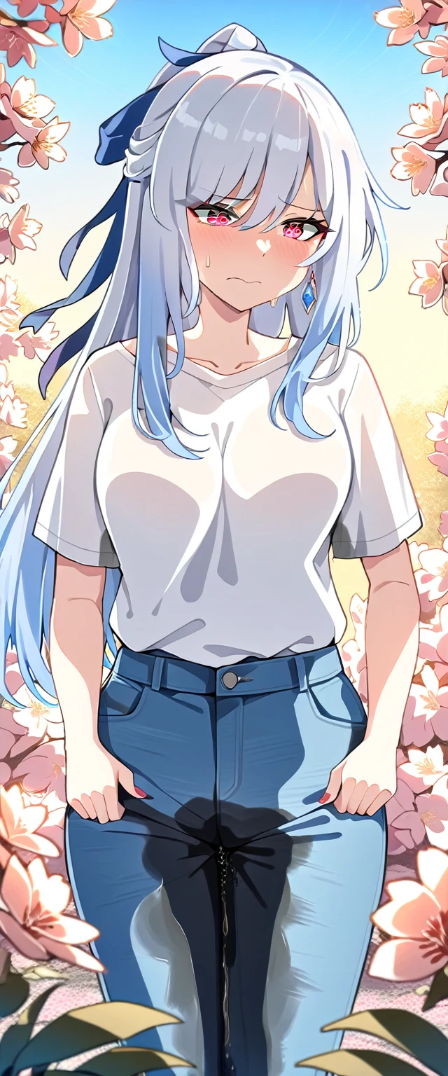 (masterpiece:1.37), best quality, (extremely detailed:1.37), (1girl:1.5), woman, (mature:1.5), (adult:1.5), jingliu, white hair, long hair, ponytail, hair ribbon, red eyes, earrings, jewelry, jeans, (extremely detailed eyes:1.37), (wetting self:1.5), desperation, embarrassed, humiliation, blushing, angry, cherry blossoms, garden, (golden hour:1.5)