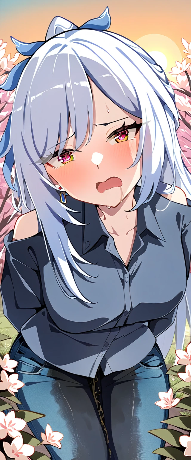 (masterpiece:1.37), best quality, (extremely detailed:1.37), (1girl:1.5), woman, (mature:1.5), (adult:1.5), jingliu, white hair, long hair, ponytail, hair ribbon, red eyes, earrings, jewelry, jeans, (extremely detailed eyes:1.37), (wetting self:1.5), desperation, embarrassed, humiliation, blushing, angry, cherry blossoms, garden, (golden hour:1.5)