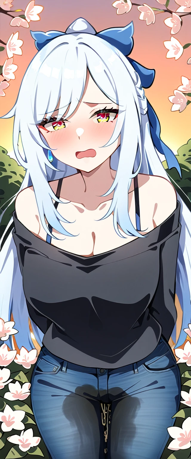 (masterpiece:1.37), best quality, (extremely detailed:1.37), (1girl:1.5), woman, (mature:1.5), (adult:1.5), jingliu, white hair, long hair, ponytail, hair ribbon, red eyes, earrings, jewelry, (jeans:1.25), (extremely detailed eyes:1.37), (wetting self:1.75), embarrassed, humiliation, blushing, angry, tears, sweat, sweating, shaking, trembling, cherry blossoms, garden, (golden hour:1.5), full body, (arms crossed:1.5)