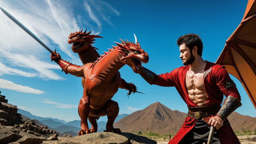 swordsman warrior facing a dragon
