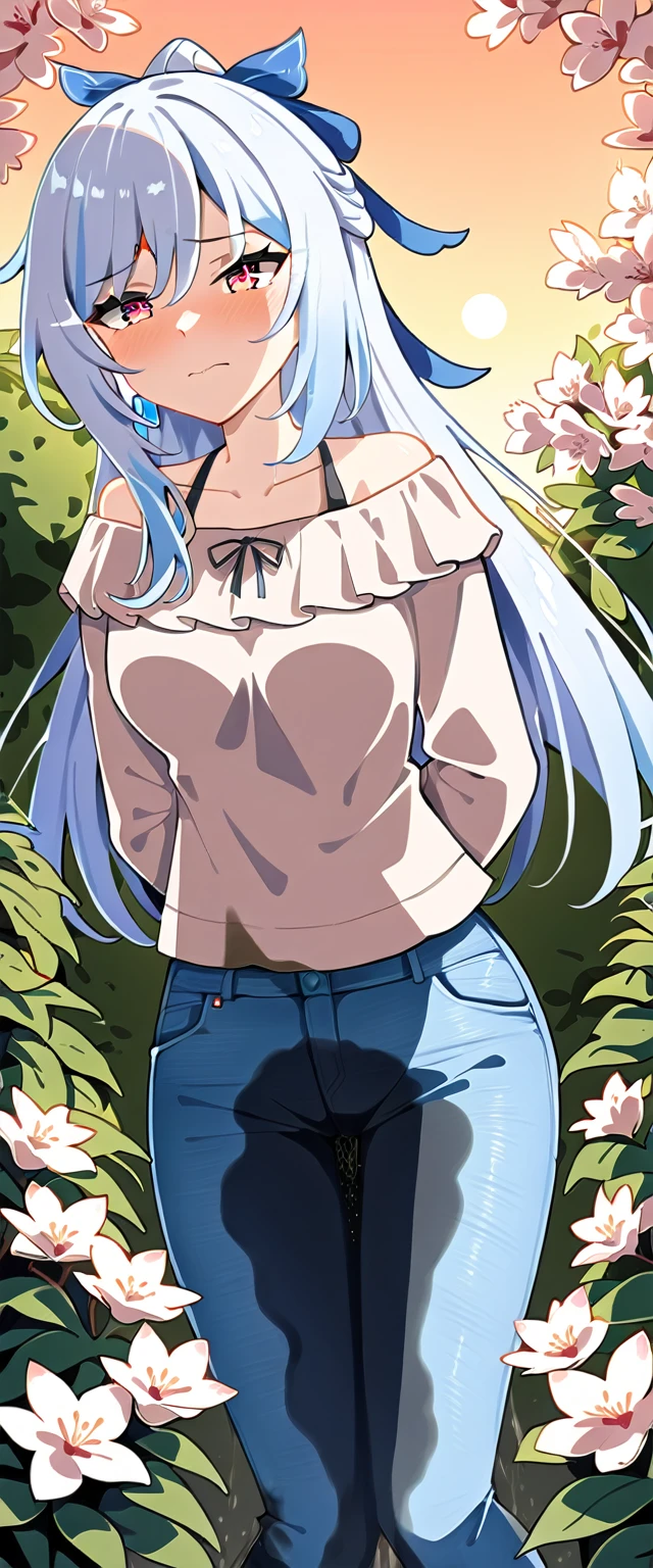 (masterpiece:1.37), best quality, (extremely detailed:1.37), (1girl:1.5), woman, (mature:1.5), (adult:1.5), jingliu, white hair, long hair, ponytail, hair ribbon, red eyes, earrings, jewelry, jeans, (extremely detailed eyes:1.37), (wetting self:1.5), desperation, embarrassed, humiliation, blushing, angry, cherry blossoms, garden, (golden hour:1.5)