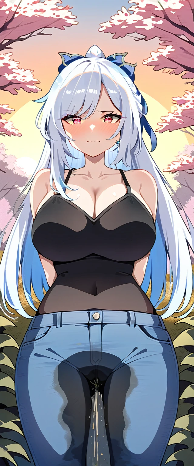 (masterpiece:1.37), best quality, (extremely detailed:1.37), (1girl:1.5), woman, (mature:1.5), (adult:1.5), jingliu, white hair, long hair, ponytail, hair ribbon, red eyes, earrings, jewelry, jeans, (extremely detailed eyes:1.37), (wetting self:1.5), desperation, embarrassed, humiliation, blushing, angry, cherry blossoms, garden, (golden hour:1.5)