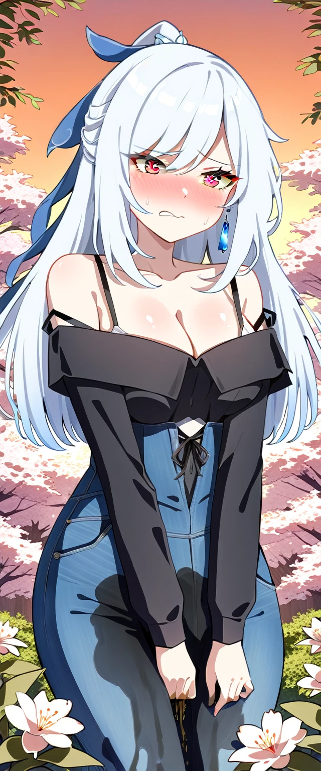 (masterpiece:1.37), best quality, (extremely detailed:1.37), (1girl:1.5), woman, (mature:1.5), (adult:1.5), jingliu, white hair, long hair, ponytail, hair ribbon, red eyes, earrings, jewelry, jeans, (extremely detailed eyes:1.37), (wetting self:1.5), desperation, embarrassed, humiliation, blushing, angry, cherry blossoms, garden, (golden hour:1.5)