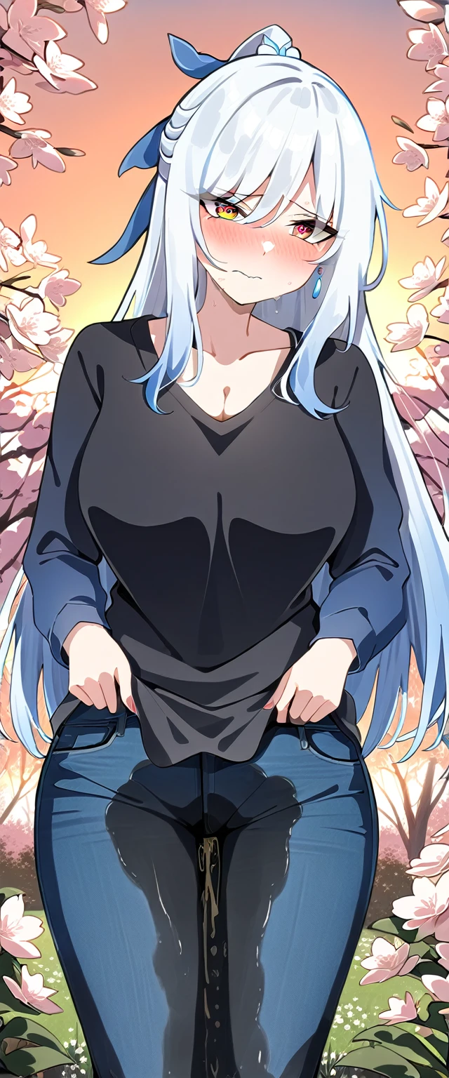 (masterpiece:1.37), best quality, (extremely detailed:1.37), (1girl:1.5), woman, (mature:1.5), (adult:1.5), jingliu, white hair, long hair, ponytail, hair ribbon, red eyes, earrings, jewelry, jeans, (extremely detailed eyes:1.37), (wetting self:1.5), desperation, embarrassed, humiliation, blushing, angry, cherry blossoms, garden, (golden hour:1.5)