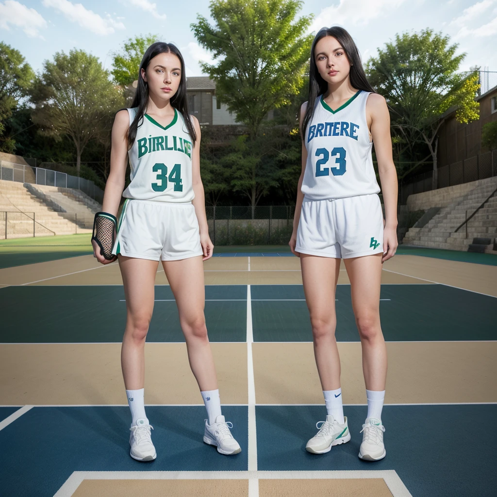 1 woman birracial blue eyes and 1 woman white green eyes dark hair, basket jersey, in basket court, full body