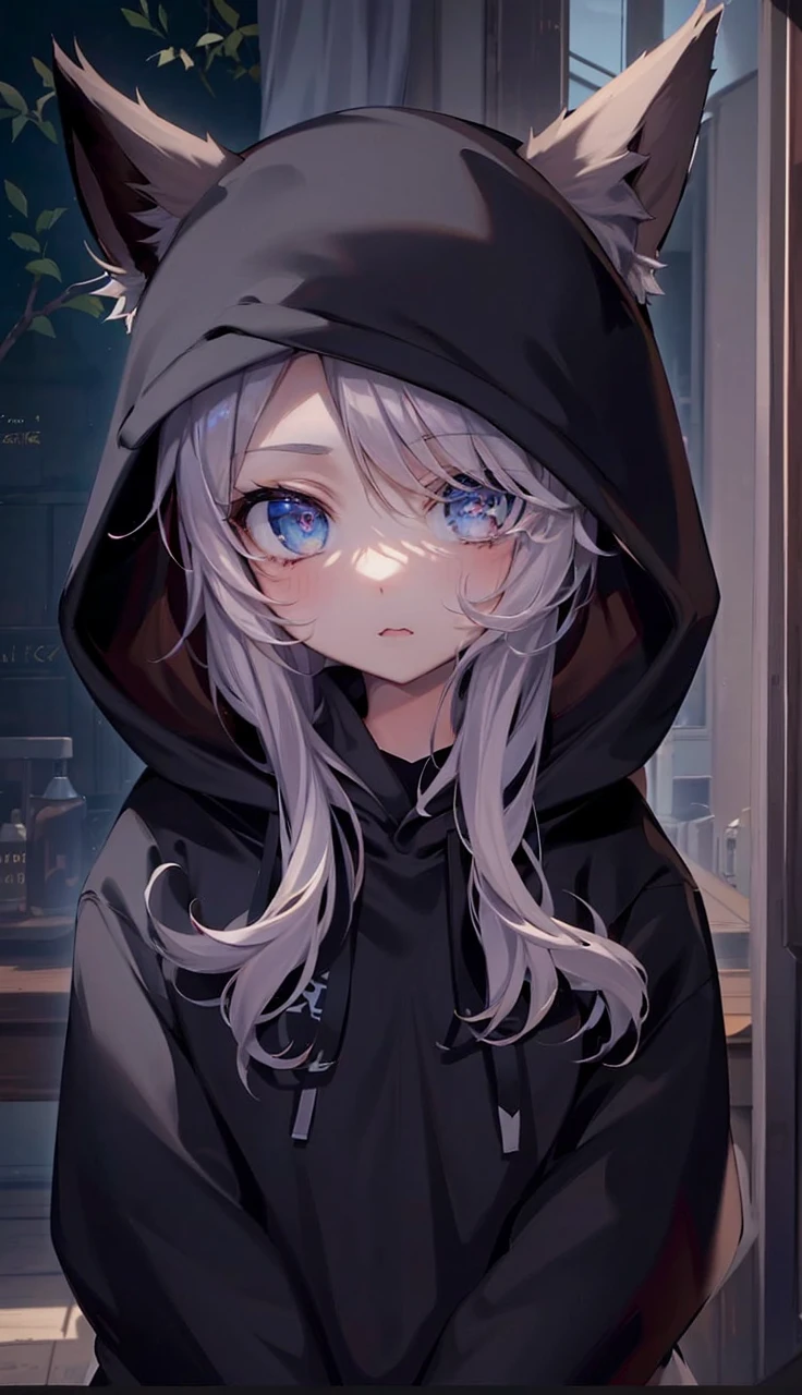 catgirl, 1gir, cat ears, ((cute)), masterpiece, best quality, perfect face, hoodie, hood, looking up, high angle, smal, furr, cozy, warm, window, night, long hoodie, no_pants, 4k, wallpaper, close up, digital art, anime style, beautiful eyes, intimate