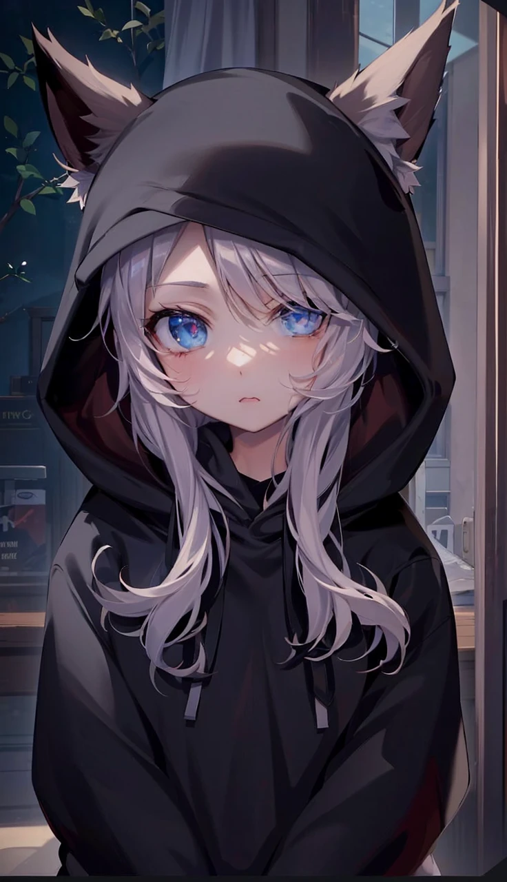catgirl, 1gir, cat ears, ((cute)), masterpiece, best quality, perfect face, hoodie, hood, looking up, high angle, smal, furr, cozy, warm, window, night, long hoodie, no_pants, 4k, wallpaper, close up, digital art, anime style, beautiful eyes, intimate