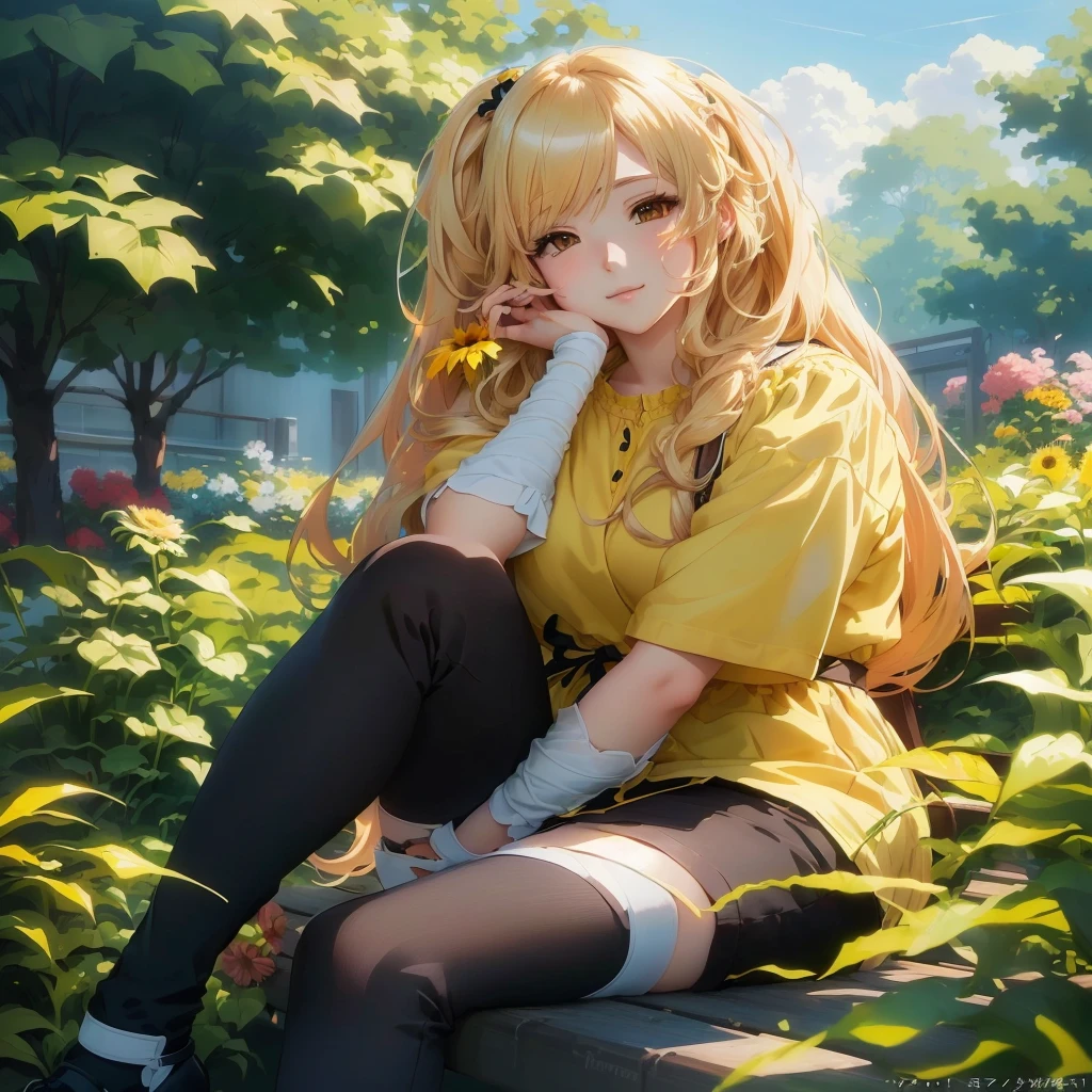 Menina anime sitting on a bench in a garden with flowers, blonde Menina anime with long hair, beautiful sunflower Menina anime, cute Menina anime, beautiful Menina anime, pretty Menina anime, tendências no artstation pixiv, visual de anime de uma linda garota, (Menina anime), estilo de arte de anime de alta qualidade, young anime, attractive anime, lindo retrato de anime