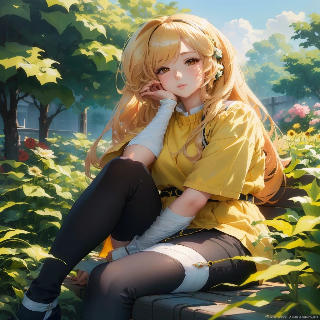Menina anime sitting on a bench in a garden with flowers, blonde Menina anime with long hair, beautiful sunflower Menina anime, cute Menina anime, beautiful Menina anime, pretty Menina anime, tendências no artstation pixiv, visual de anime de uma linda garota, (Menina anime), estilo de arte de anime de alta qualidade, young anime, attractive anime, lindo retrato de anime