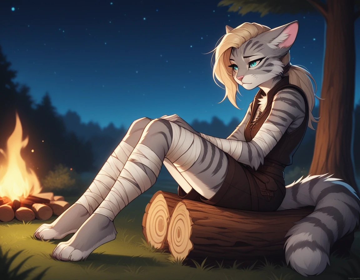 score_9,score_8_up,score_7_up, score_6_up, score_5_up, source_anime, Kat, Anthro furry feline, silver fur, grey stripes on body, blue eyes, long blonde hair, undercut hair, pink nose, :3, wearing black medieval vest, black short shorts, plantigrade feet, feet paws wrapped in bandages, tired, sitting on a tree stump, in front of a campfire, at a campsite, starry night sky, nighttime, side view