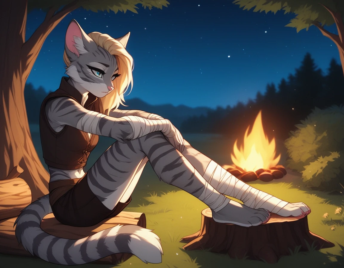 score_9,score_8_up,score_7_up, score_6_up, score_5_up, source_anime, Kat, Anthro furry feline, silver fur, grey stripes on body, blue eyes, long blonde hair, undercut hair, pink nose, :3, wearing black medieval vest, black short shorts, plantigrade feet, feet paws wrapped in bandages, tired, sitting on a tree stump, in front of a campfire, at a campsite, starry night sky, nighttime, side view