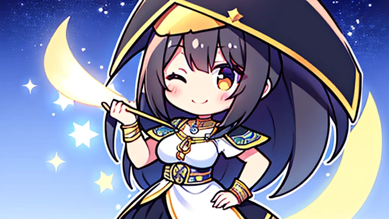 high definition in chivi mode, Girl with black hair, dressed in a white and gold warrior, nice and tender, putting my hand on my hip, and smiling like a winner, with stars background
