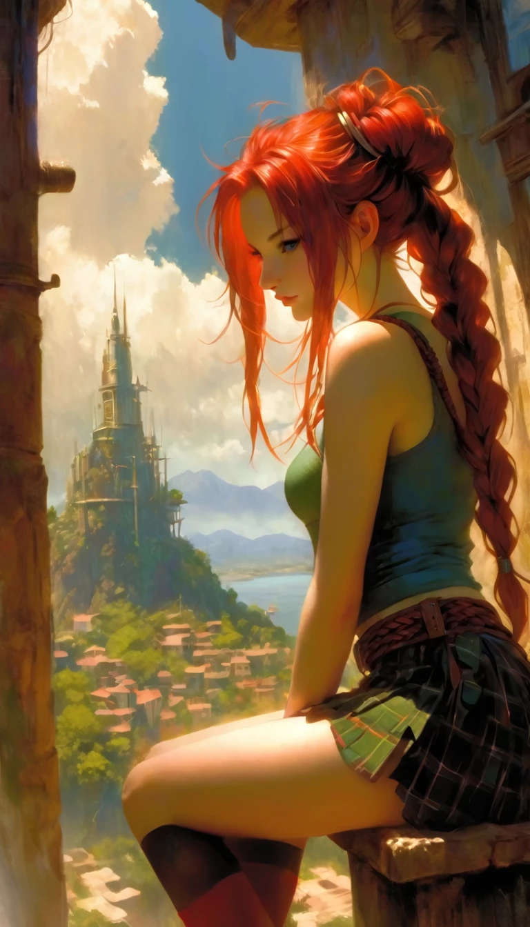 This image represents a beautiful scene from the fantasy world. It is during the day or early afternoon and the atmosphere is calm and great. In the foreground a female character appears sitting with her back to the viewer. She has long red braided hair and wears a plaid miniskirt with stockings and a tank top, very sexy, rope belt. In the background, we see a magnificent city built on a steep mountain or island. The city's architecture is reminiscent of the Middle Ages and the Renaissance, characterized by tall spiers and dense buildings and futuristic elements. High above the city, there are buildings that look like castles and palaces that rise above the rest. Below the city, there are lush green fields and scattered small buildings, which may be farms or towns. The landscape is lush and green with trees surrounding the settlements. Several ships are anchored at the foot of the mountains and islands, suggesting that the city is an important port city. The sky is light blue with very few clouds, indicating that it is daytime or early afternoon. The overall atmosphere is calm and grand, suggesting stories of adventure, exploration, or political intrigue in this fantasy world (art inspired by Bill Sienkiewicz). oil painting)