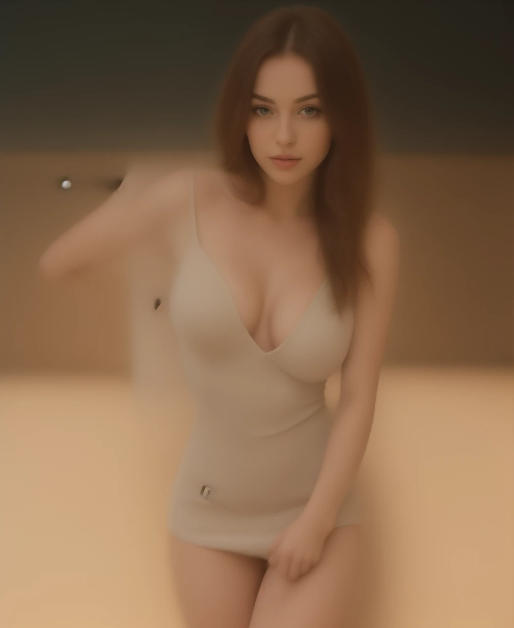 1woman, (realist:0.75), brown hair, long hair, green eyes, dancing, bowling,green eyes,Europeans,selfie,neckline,big breasts, bare legs,whole body,short dress