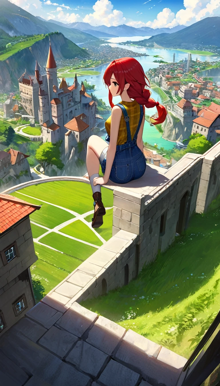 This image represents a beautiful scene from the fantasy world. It is during the day or early afternoon and the atmosphere is calm and great. In the foreground a female character appears sitting with her back to the viewer. She has long red braided hair and wears a plaid miniskirt with stockings and a tank top, very sexy, rope belt. In the background, we see a magnificent city built on a steep mountain or island. The city's architecture is reminiscent of the Middle Ages and the Renaissance, characterized by tall spiers and dense buildings and futuristic elements. High above the city, there are buildings that look like castles and palaces that rise above the rest. Below the city, there are lush green fields and scattered small buildings, which may be farms or towns. The landscape is lush and green with trees surrounding the settlements. Several ships are anchored at the foot of the mountains and islands, suggesting that the city is an important port city. The sky is light blue with very few clouds, indicating that it is daytime or early afternoon. The overall atmosphere is calm and grand, suggesting stories of adventure, exploration, or political intrigue in this fantasy world (art inspired by Bill Sienkiewicz). oil painting)