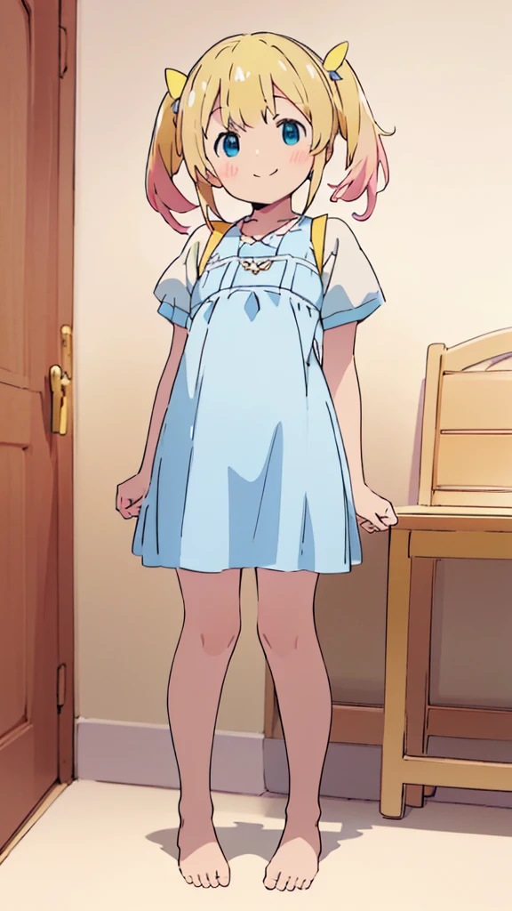 ((masterpiece))((Highest quality))girl、smile、blush、Flat Chest、Are thin、Blonde Hair、blush、Are standing、Whole body image、Eye level to the feet、front、No background、真frontのアングル、Blue clothes、Yellow and white two-tone hair、Twin tails