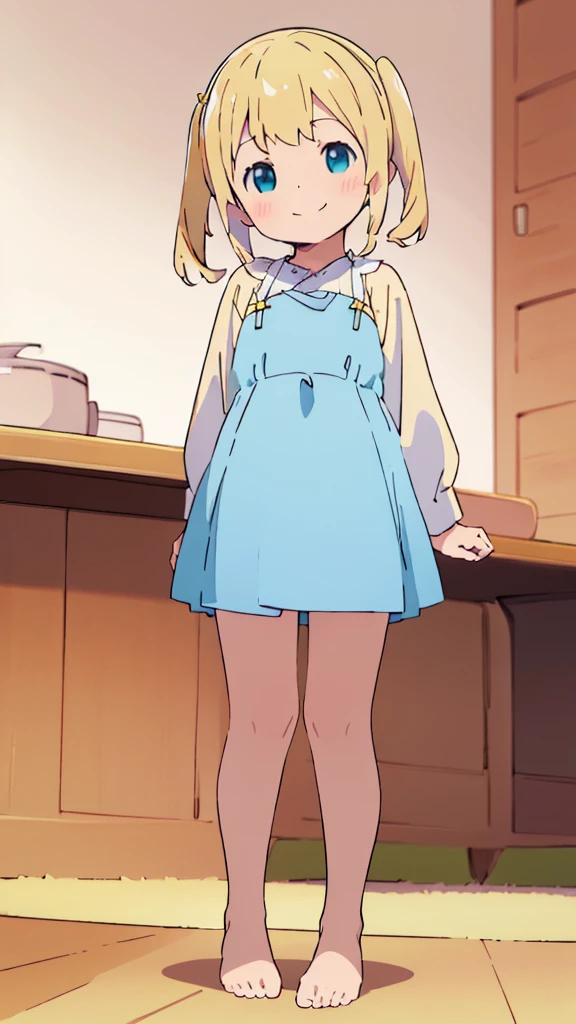 ((masterpiece))((Highest quality))girl、smile、blush、Flat Chest、Are thin、Blonde Hair、blush、Are standing、Whole body image、Eye level to the feet、front、No background、真frontのアングル、Blue clothes、Yellow and white two-tone hair、Twin tails