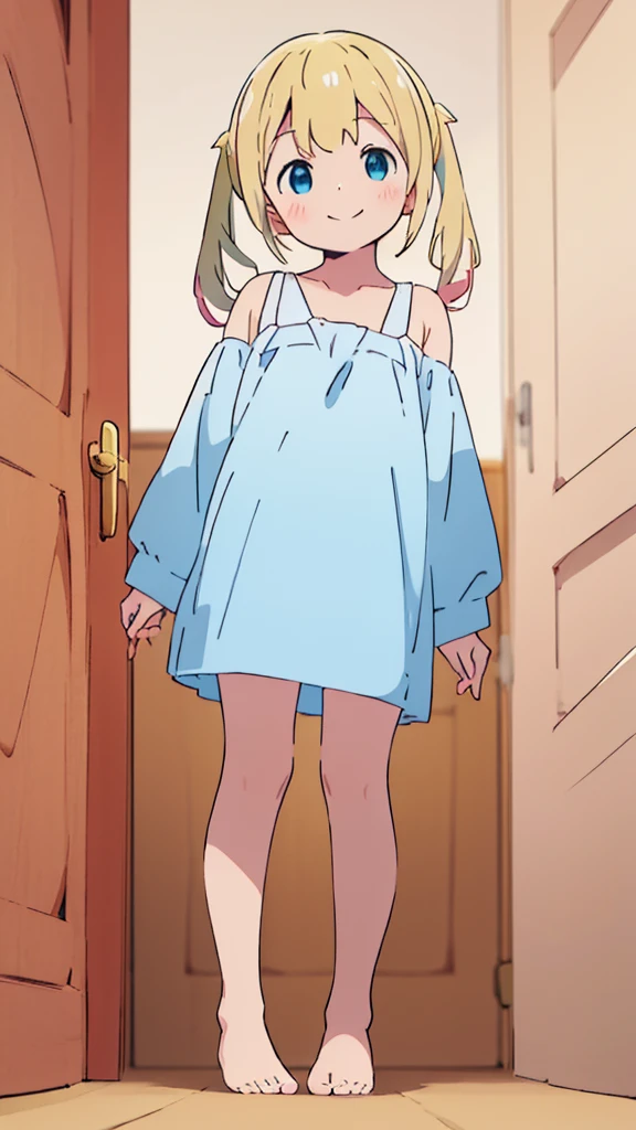 ((masterpiece))((Highest quality))girl、smile、blush、Flat Chest、Are thin、Blonde Hair、blush、Are standing、Whole body image、Eye level to the feet、front、No background、真frontのアングル、Blue clothes、Yellow and white two-tone hair、Twin tails