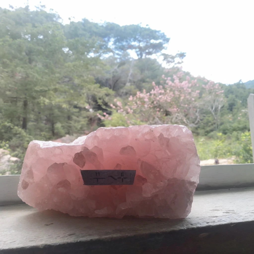 Rose quartz on the front,pine forest behind