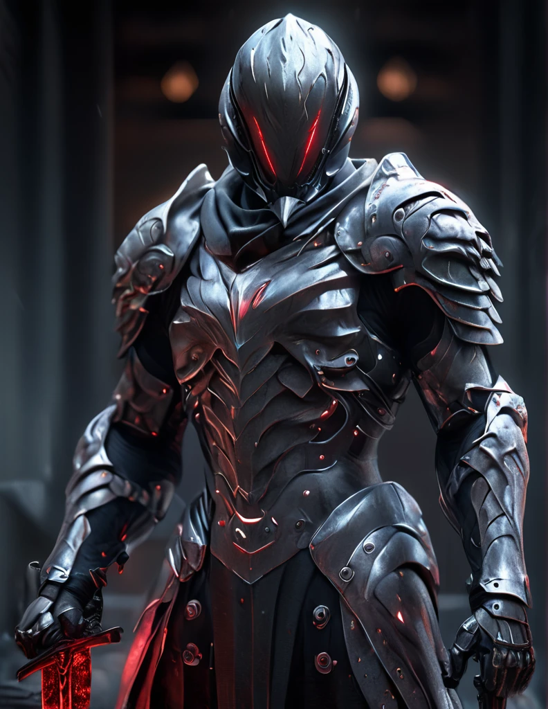 arafed man in a black suit with a sword and a helmet, covered in full metal armor, raiden metal gear, stylish cyborg armor, covered in full silver armor, movie still of a villain cyborg, cyborg samurai, cyborg ninja, raiden from metal gear rising, cyber japan style armor, black scales and cyborg tech, akihiko yoshida. unreal engine With core in the chest and huge giant
